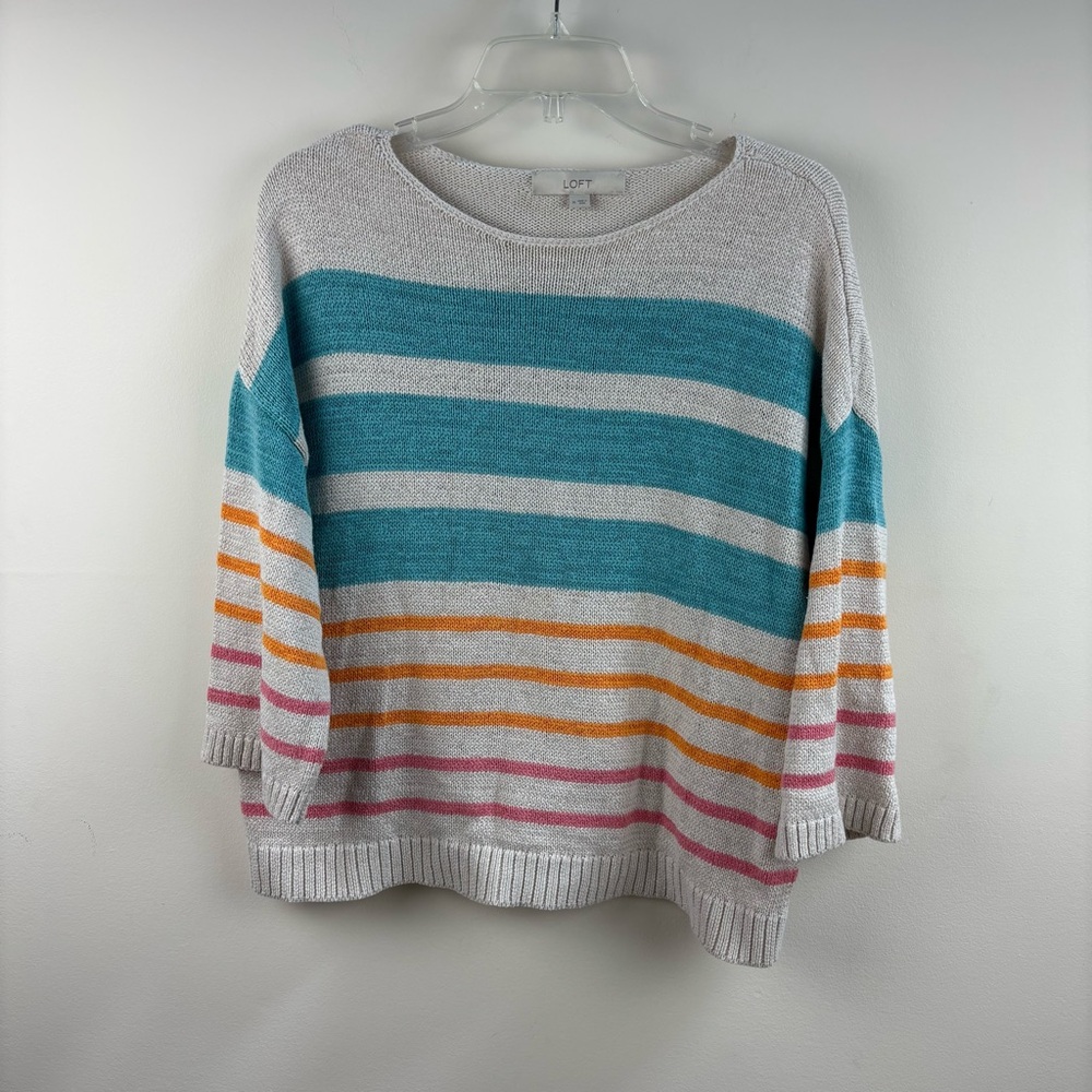 LOFT Striped Scoop Neck Sweater in Teal, Orange & Pink